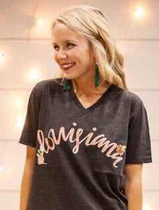 Calamity Janes Apparel Louisiana Storyboard Charcoal V Neck T Shirt - Neighbors Pharmacy Lafayette LA